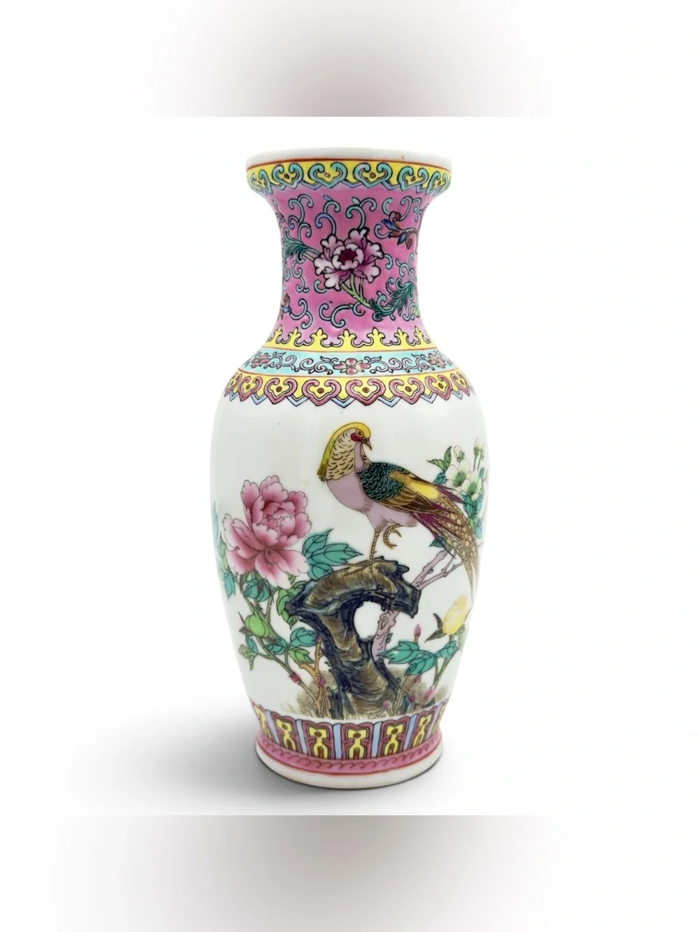 Vintage Chinese Porcelain Poem Vase Jingdezhen Famille Rose Peacock & Peony